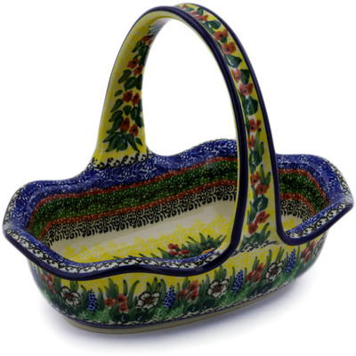 Polish Pottery Basket with Handle 8&quot; Copper Rose Meadow UNIKAT