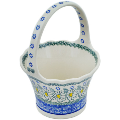 Polish Pottery Basket with Handle 8&quot; Crazy Daisy