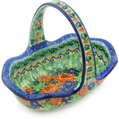 Polish Pottery Basket with Handle 8&quot; Divine Meadow UNIKAT