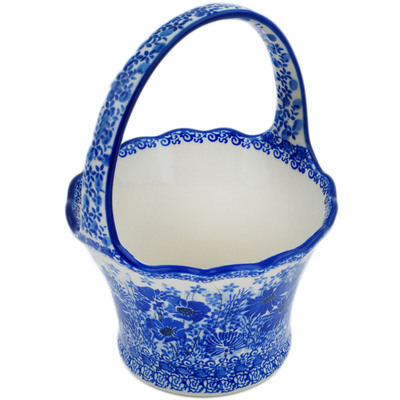 Polish Pottery Basket with Handle 8&quot; Dreams In Blue UNIKAT