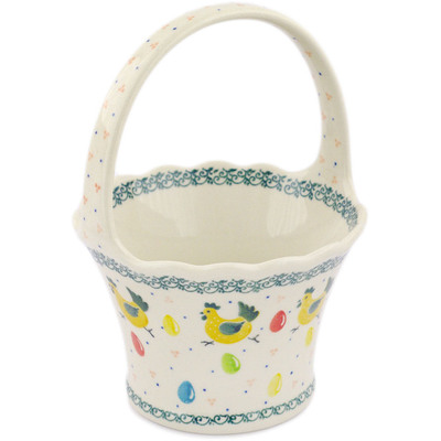 Polish Pottery Basket with Handle 8" Egg Hunt