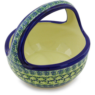 Polish Pottery Basket with Handle 8&quot; Emerald Forest