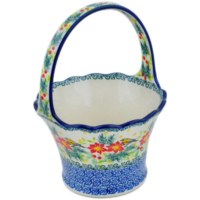 Polish Pottery Basket with Handle 8&quot; Festive Avian Delight UNIKAT