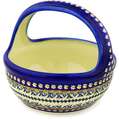 Polish Pottery Basket with Handle 8&quot; Floral Peacock UNIKAT