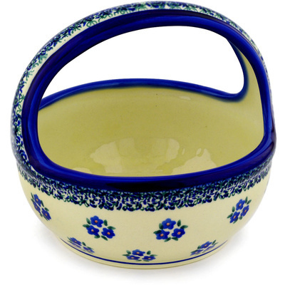 Polish Pottery Basket with Handle 8&quot; Forget Me Not Dots