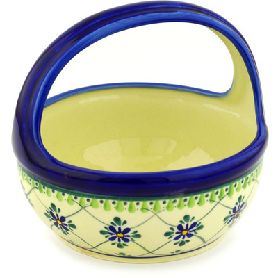 Polish Pottery Basket with Handle 8&quot; Gingham Trellis