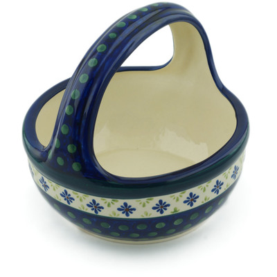 Polish Pottery Basket with Handle 8&quot; Green Gingham Peacock