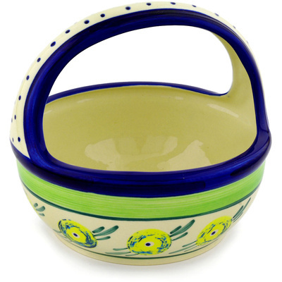 Polish Pottery Basket with Handle 8&quot; Limon Swirl