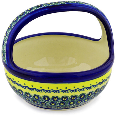 Polish Pottery Basket with Handle 8&quot; Peacock Bumble Bee