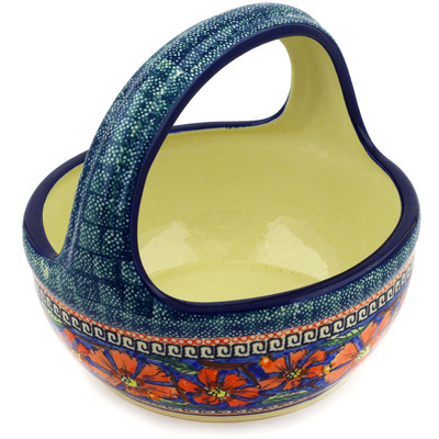 Polish Pottery Basket with Handle 8&quot; Poppies UNIKAT