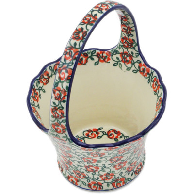 Polish Pottery Basket with Handle 8&quot; Rose Vines UNIKAT