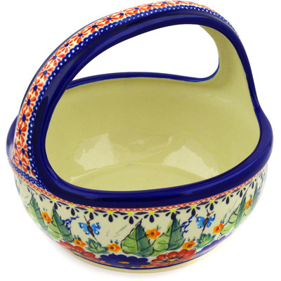Polish Pottery Basket with Handle 8&quot; Spring Splendor UNIKAT