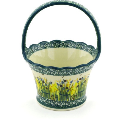 Polish Pottery Basket with Handle 8&quot; Wetland Reeds UNIKAT