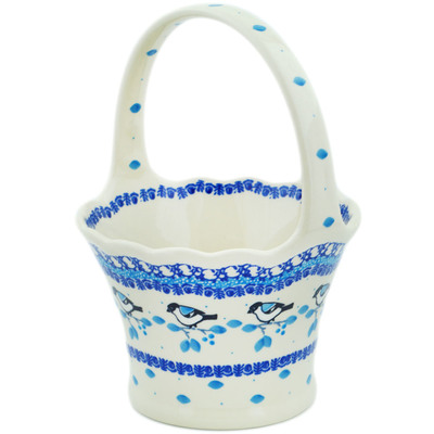 Polish Pottery Basket with Handle 8&quot; Winter Sparrow