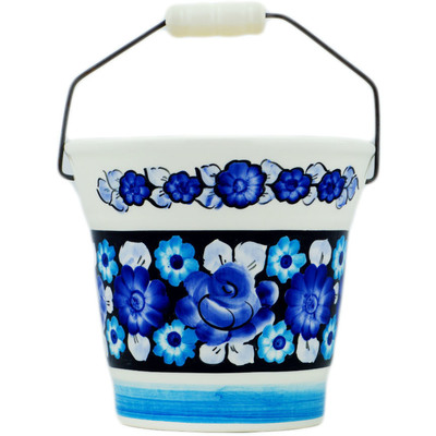 faience Basket with Handle 9&quot; Cobalt Flowers UNIKAT
