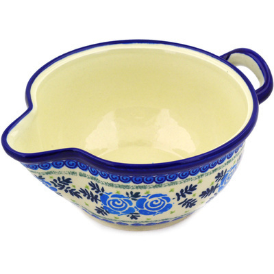 Polish Pottery Batter Bowl 10&quot; Lady Blue Roses UNIKAT