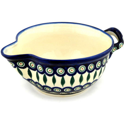 Polish Pottery Batter Bowl 10&quot; Peacock Leaves