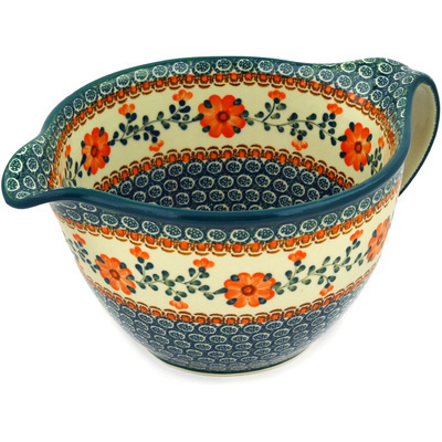 Polish Pottery Batter Bowl 13&quot; Orange Poppies