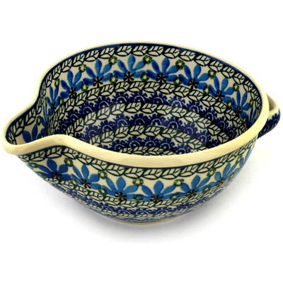 Polish Pottery Batter Bowl 7&frac12;-inch Blue Fan Flowers