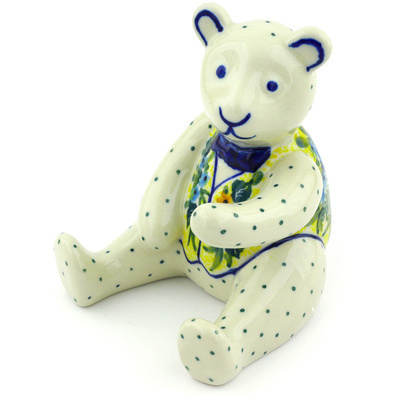Polish Pottery Bear Figurine 5&quot; Bountiful Blue Bonnet UNIKAT