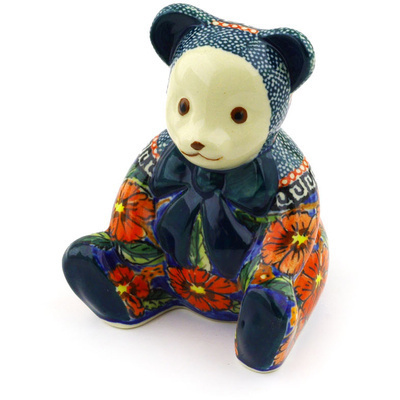 Polish Pottery Bear Figurine 5&quot; Poppies UNIKAT