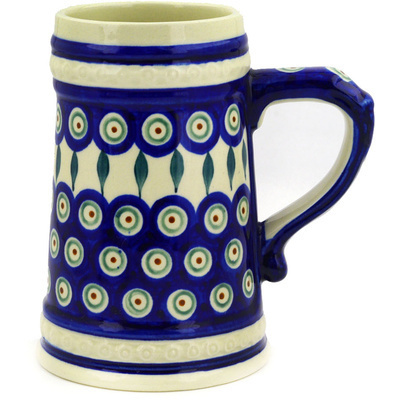 Polish Pottery Beer Mug 22 oz Peacock Leaves