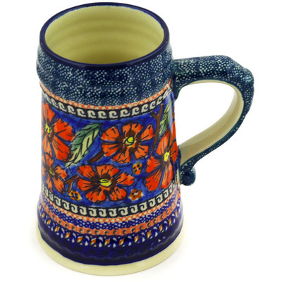 Polish Pottery Beer Mug 22 oz Poppies UNIKAT