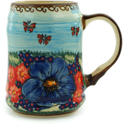 Polish Pottery Beer Mug 25 oz Blue Garden UNIKAT