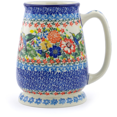 Polish Pottery Beer Mug 34 oz Hummingbird Meadow UNIKAT