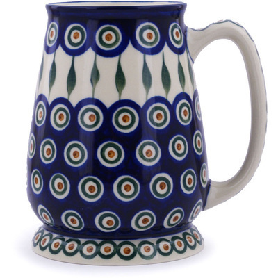 Polish Pottery Beer Mug 34 oz Peacock Leaves