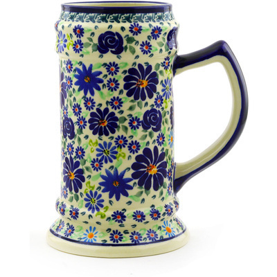 Polish Pottery Beer Mug 35 oz Blue Summer Garden