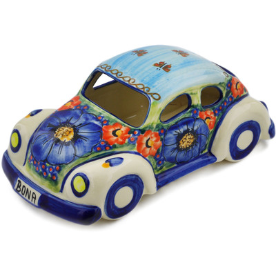 Polish Pottery Beetle Car Figurine 10&quot; Blue Garden UNIKAT