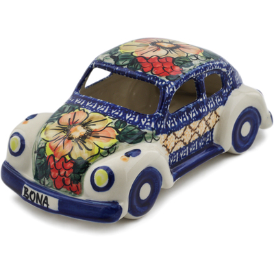 Polish Pottery Beetle Car Figurine 10&quot; Colorful Bouquet UNIKAT