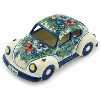 Polish Pottery Beetle Car Figurine 10&quot; Spring Bouquet UNIKAT