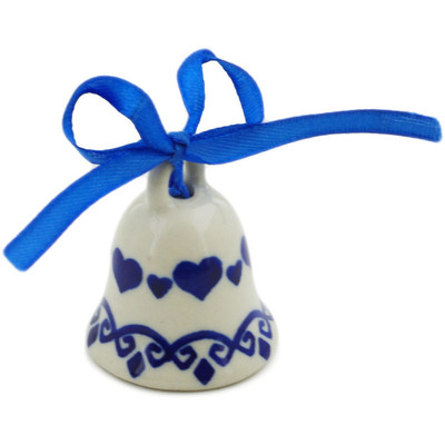 Polish Pottery Bell Figurine 2&quot; Blue Valentine Hearts