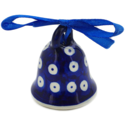 Polish Pottery Bell Ornament 1&quot; Blue Eyed Peacock
