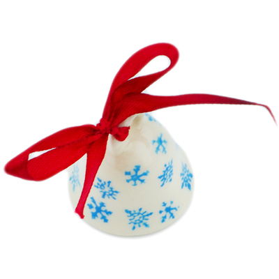 Polish Pottery Bell Ornament 2&quot; Blue Snowflakes UNIKAT