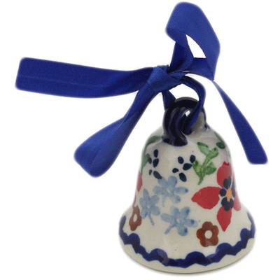 Polish Pottery Bell Ornament 2&quot; Red Flower Meadow