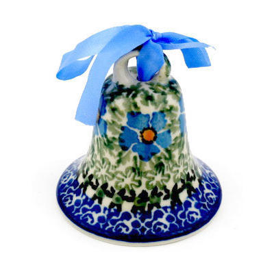 Polish Pottery Bell Ornament 3&quot; Blue Daisy Dream UNIKAT
