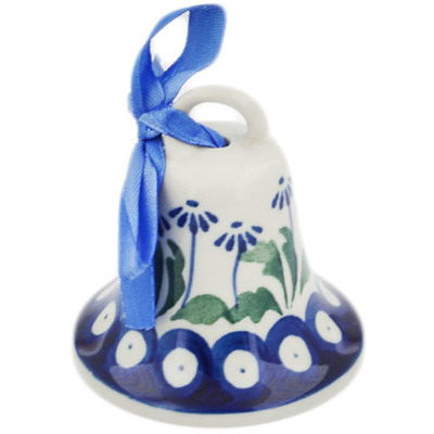 Polish Pottery Bell Ornament 3&quot; Blue Daisy Peacock