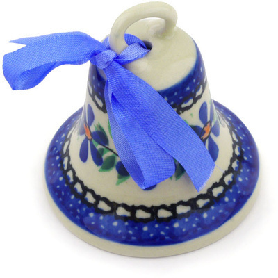 Polish Pottery Bell Ornament 3&quot; Blue Daisy Swirls
