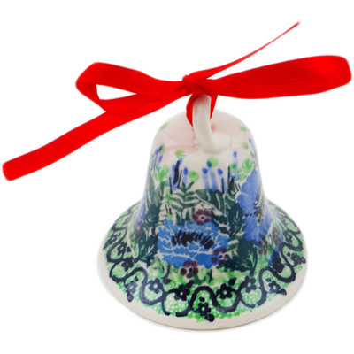 Polish Pottery Bell Ornament 3&quot; Blue Meadow UNIKAT
