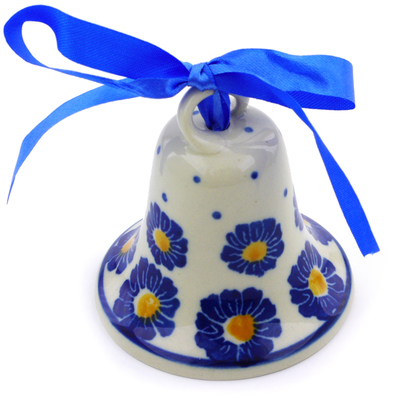 Polish Pottery Bell Ornament 3&quot; Blue Zinnia