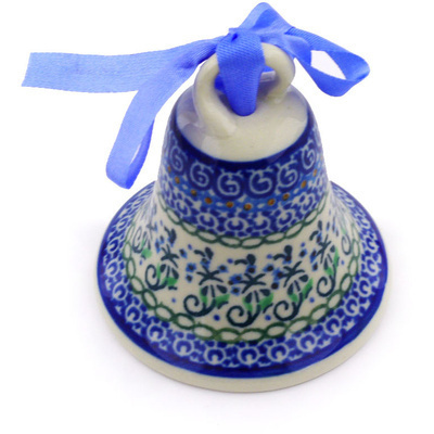 Polish Pottery Bell Ornament 3&quot; Forget Me Not Circle UNIKAT