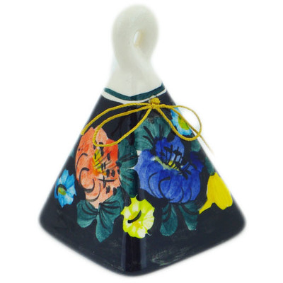 faience Bell Ornament 3&quot; Little Flower Patch Black UNIKAT