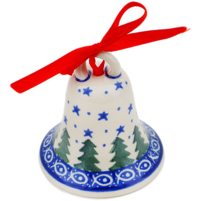 Polish Pottery Bell Ornament 3&quot; Piney Forest UNIKAT