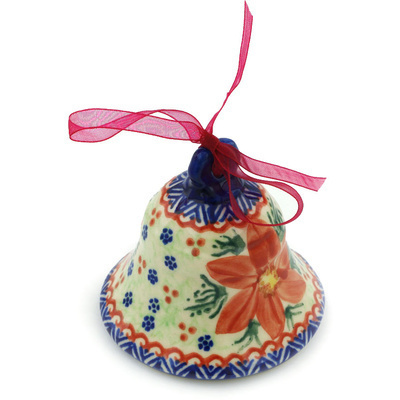 Polish Pottery Bell Ornament 3&quot; Poinsettia UNIKAT