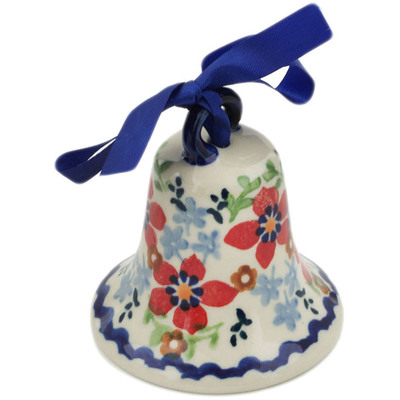 Polish Pottery Bell Ornament 3&quot; Red Flower Meadow