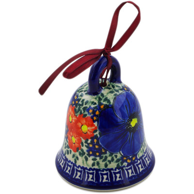 Polish Pottery Bell Ornament 4&quot; Aztec Flowers UNIKAT