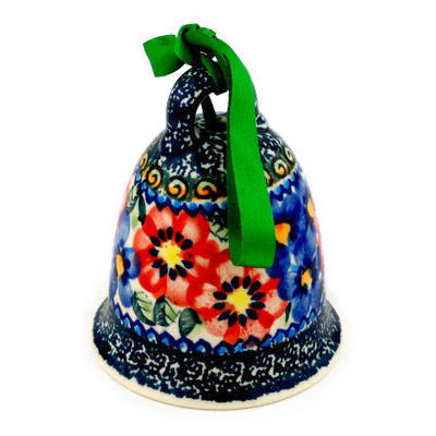 Polish Pottery Bell Ornament 4&quot; Blue And Red Poppies UNIKAT